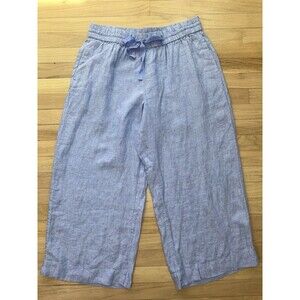J Crew Seaside Crop Pant Blue Linen Wide Leg Pull On Drawstring Women’s Large